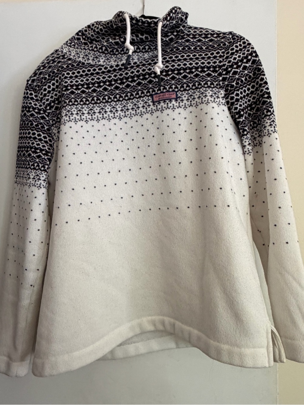 Vineyard Vines Fair Isle Fleece Black & White Knit Hoodie with Patterned Yoke